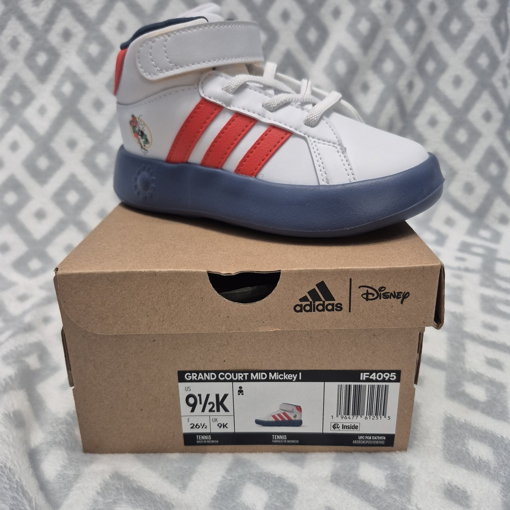 Adidas x Disney Kids Grand Court Mid Mickey Shoe - White & Red (9.5 Little Kids)